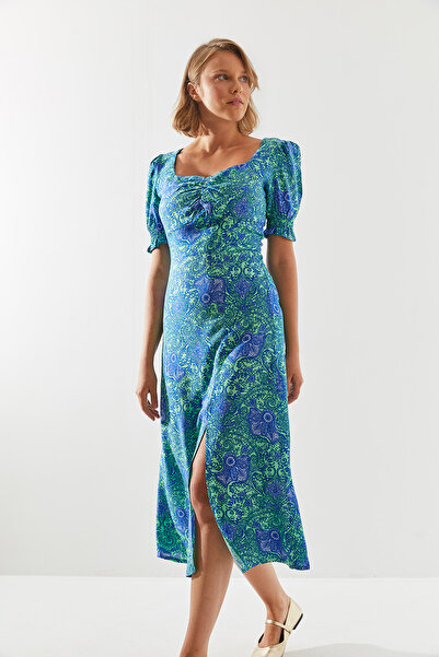 Bianco Lucci Rochie de damă din viscoză cu imprimeu - Guler pătrat și detaliu cu fantă 5805 60251774