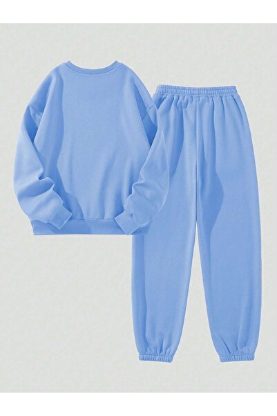 SeusCraft California Yazı Sweatshirt Eşofman Altı Jogger - Bebe Mavi Baskılı Eşofman Takımı Bisiklet Yaka