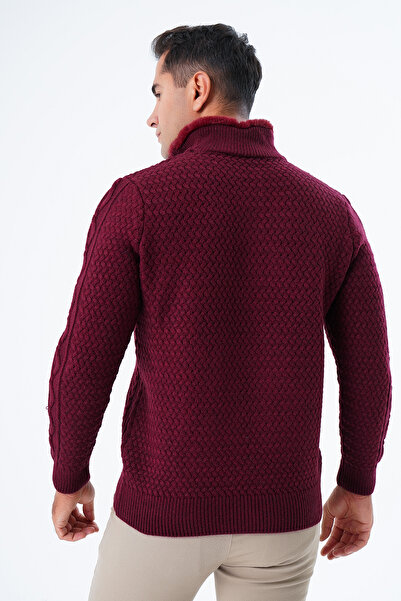 Trist Star Men's Claret Red Knitwear Sweater - Stand Collar, Short Placket, Buttoned, Hair Braided Trist-5345