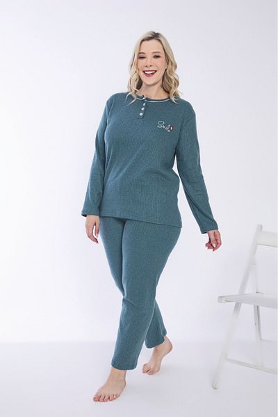 Eyfuze Women's Winter Plus Size Collar Buttoned Long Sleeve Interlock Pajamas Set