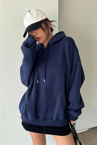 Millionaire Women's Navy Blue Plain Hooded Oversize 3 thread Drawstring Loose Cut Hoodie Sweatshirt