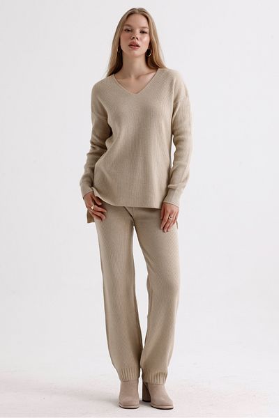 MD trend High Waist V-neck Knitwear Sweater and Lace-up Trousers - Three Pieces Set