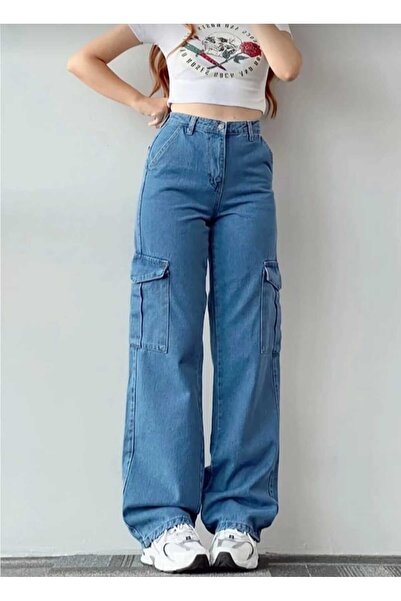 ECK MODA بنطلون جينز نسائي فضفاض عالي الخصر - جيب كارجو بالازو