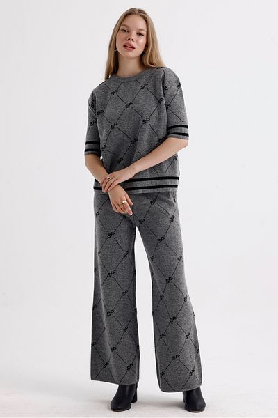 MD trend Diamond Patterned Women's Knitwear Set - Stripe Detailed Trousers, Sweater and Cardigan