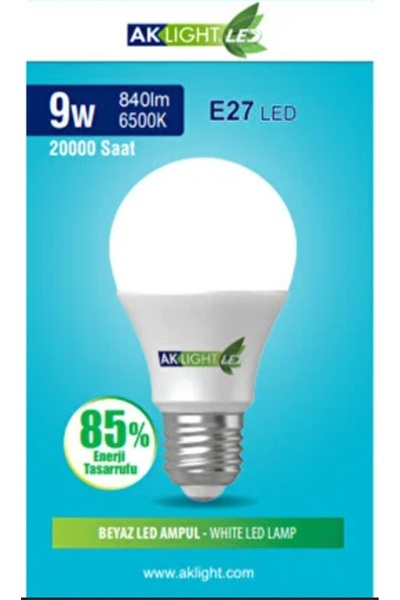Aklight 9w E27 Duylu 3000k Gün Işığı (AÇIK SARI) 790 Lümen F Enerji Tüketimi 60w Eşdeğer Led Ampul