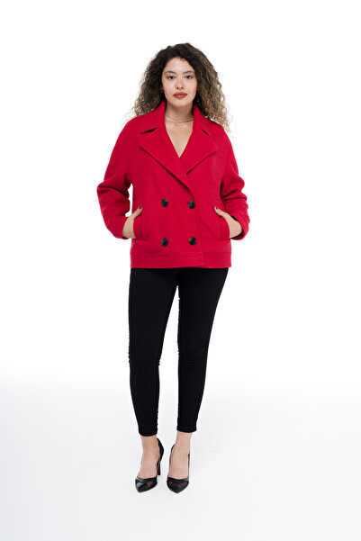 Galistore Kruvaze Yaka Kısa Kaşe Kaban Cepli