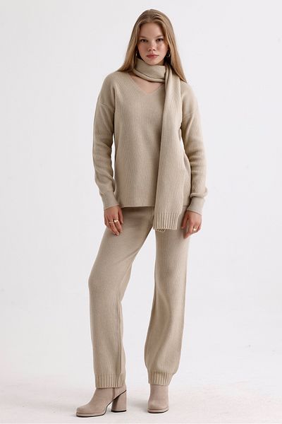 MD trend High Waist V-neck Knitwear Sweater and Lace-up Trousers - Three Pieces Set