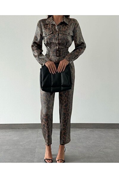 Leos Moda Leopar Desenli Kemerli Parlak Tulum