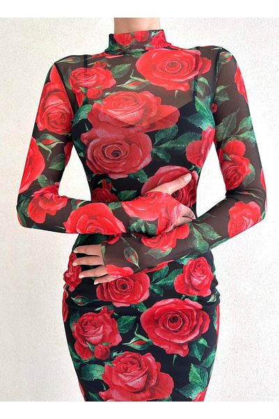 Afiş Butik Rochie roșie cu mâneci lungi din tul cu modele florale