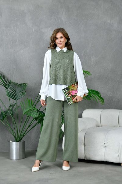 Miss Allos Women's Embossed Patterned Openwork Knitwear White Shirt and Trousers Set