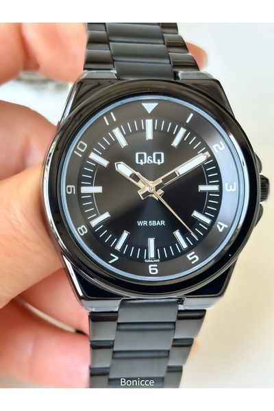 Q&Q Black Men's Wristwatch - Waterproof, 2 Years Warranty, Ion Coated Case, Rosary Bracelet