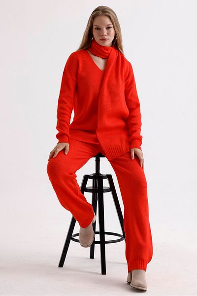 MD trend High Waist V-neck Knitwear Sweater and Lace-up Trousers - Three Pieces Set