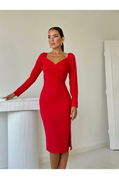 Afiş Butik Kırmızı Kruvaze Yaka Midi Boy Elbise
