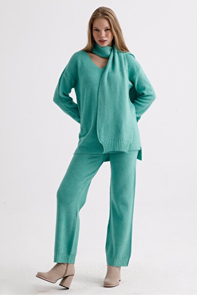 MD trend High Waist V-neck Knitwear Sweater and Lace-up Trousers - Three Pieces Set