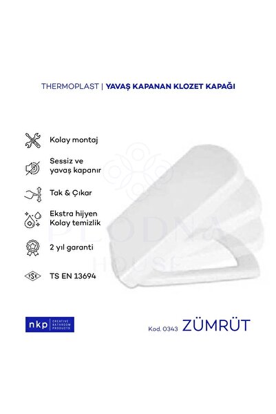Plodna House Zümrüt Kare Yavaş Kapanan Klozet Kapağı Üstten Sıkmalı Menteşeli