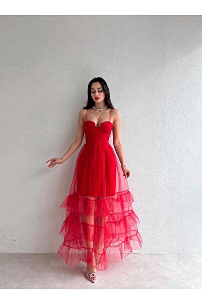 Afiş Butik Kırmızı Askılı Tasarım Tül Detaylı Elbise