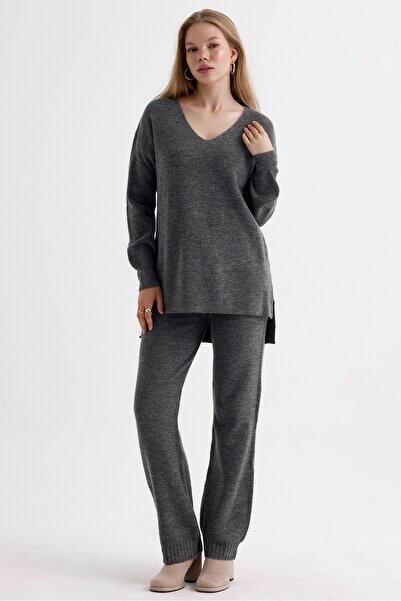 MD trend High Waist V-neck Knitwear Sweater and Lace-up Trousers - Three Pieces Set