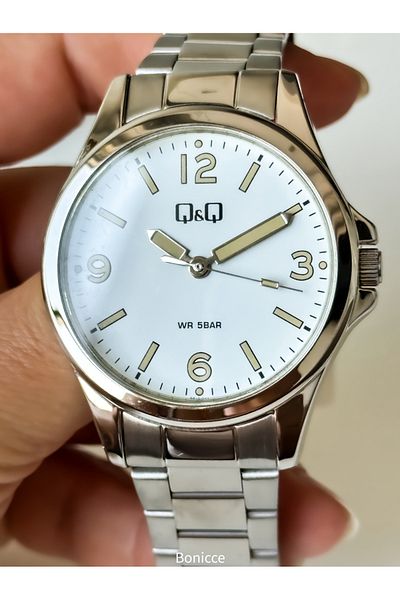 Q&Q Men's Silver Color Steel Cord Waterproof Wristwatch Rosary Bracelet