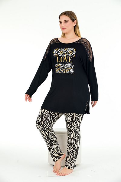 Lady Lingerie Plus Size - Love Printed Zebra Pattern Long Sleeve Pajamas Set with Leggings