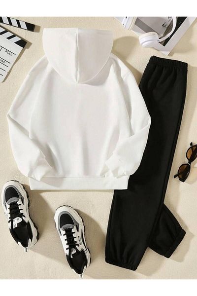 MORNİNG KİDS White and Black Kids Sweatshirt and Tracksuit Set - Hi̇ Cats Printed