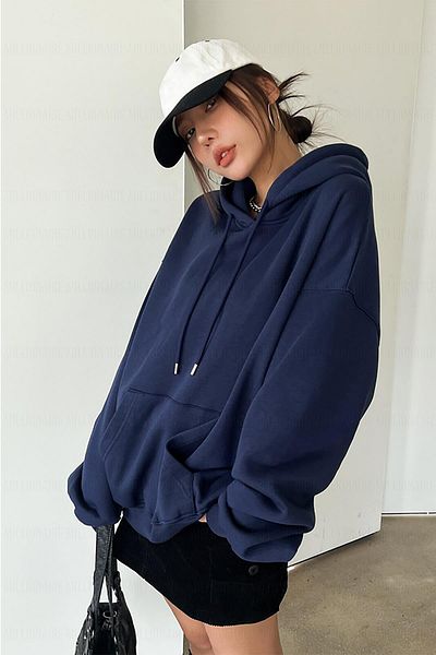 Millionaire Women's Navy Blue Plain Hooded Oversize 3 thread Drawstring Loose Cut Hoodie Sweatshirt