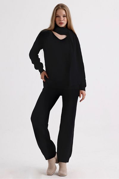 MD trend High Waist V-neck Knitwear Sweater and Lace-up Trousers - Three Pieces Set