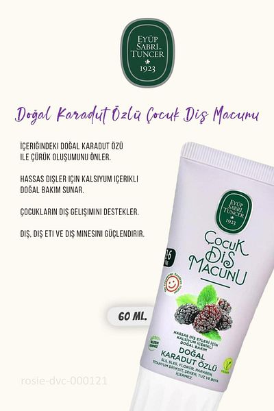 Eyüp Sabri Tuncer 3 Pieces of Natural Blackwood Extract Children's Toothpaste 60 ml and Rosie