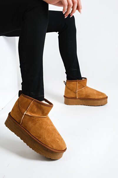 sfy shoes Mini Taba Süet Içi Tüylü Kalın Taban Yarım Bot Kadın Ayakkabı