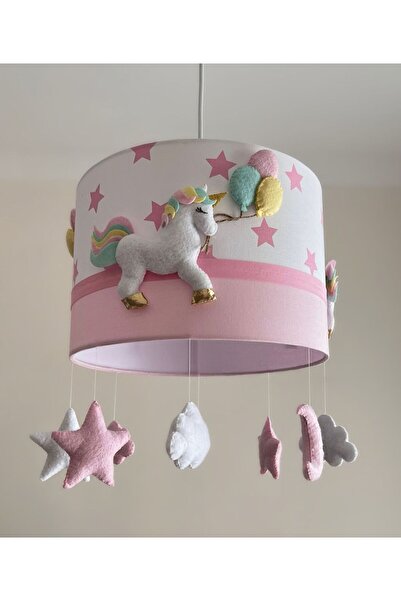 Leobabyroom Pembe Yıldızlı Unicorn Figürlü Bebek/Çocuk Odası Tasarım Aydınlatma Avize