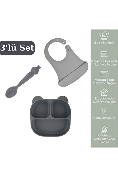 PONÇİK BEBEK 3'lü Silikon Mama Seti Beslenme Seti - Silikon Mama Önlüğü, Vaku...