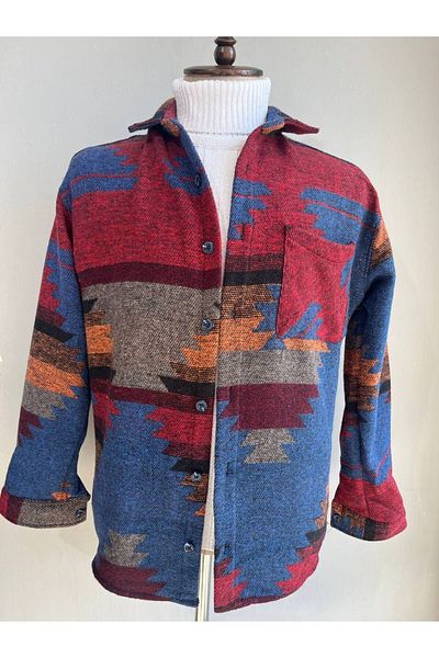 MartinoButik Men's Winter Lumberjack - Claret Red Oversize Jacquard Single Pocket Shirt