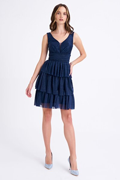 Elbisemhazır Simli Tül Kumaş Midi Boy Abiye Elbise