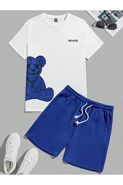 npLStore Set de tricou cu pantaloni scurți din bumbac cu imprimeu ursuleț pen...