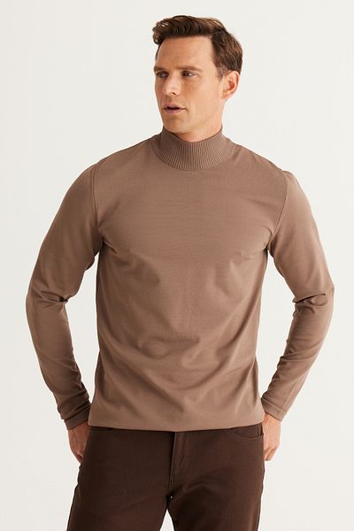 ALTINYILDIZ CLASSICS Nerzfarbener Standard-Strickpullover für Herren mit normalem Schnitt und halblangem Rollkragen