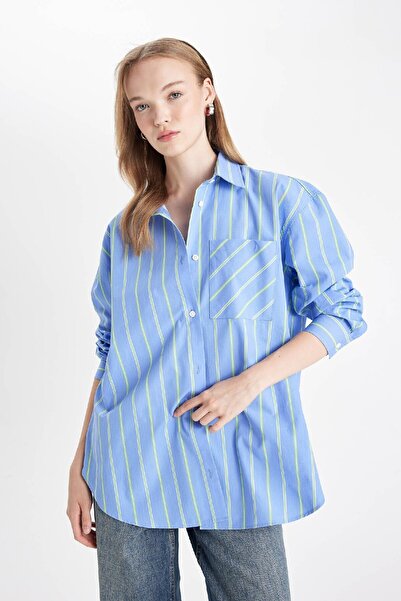 DeFacto Oversize Wide Fit Pocket Striped Poplin Long Sleeve Shirt B1132Ax24Au