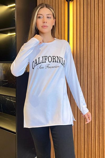 GÜLSELİ Hanorac alb din bumbac pieptănat cu imprimeu California - Decolteu și fante laterale