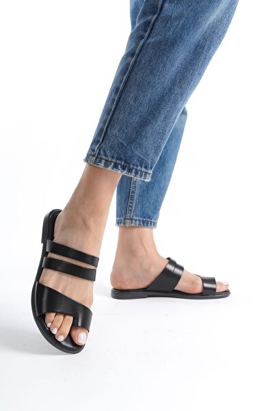 MİSS AMORE Γυναικείες παντόφλες από γνήσιο δέρμα μαύρες - σαγιονάρες