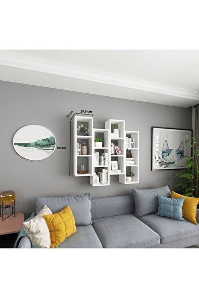 Dekormer Design Kitaplık Mobilya Duvar Rafı Salon 4 Lü Takım Beyaz