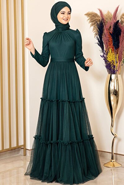 Fashion Showcase Petrol Color Ruffle Tulle Evening Dress