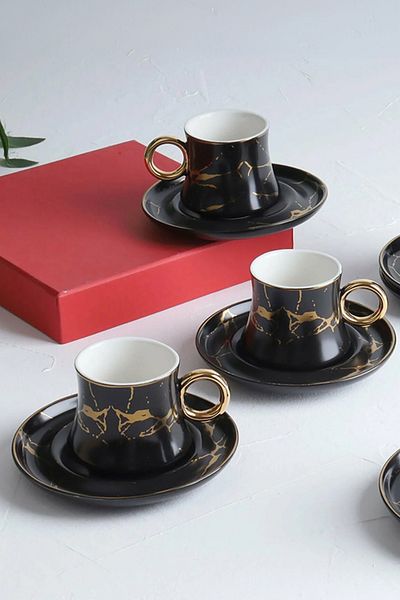 AROW TR-2619 Black Porcelain Coffee Cup Set - 12 Pieces, 6 Person