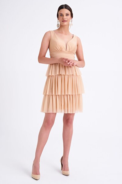 Elbisemhazır Simli Tül Kumaş Midi Boy Abiye Elbise