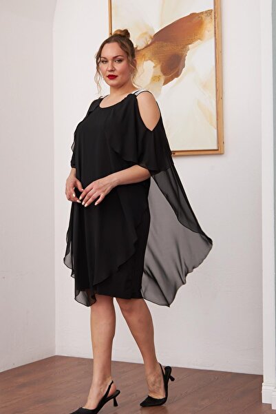 RMG Shoulder Stone Detailed Chiffon Large Size Black Dress (Wide Size, Choose 1 Size Smaller)