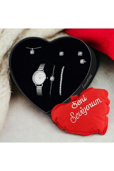 Forentina Tektaş Kolye Küpe Yüzük Bileklik Saat Kalpli Yastık Hediye Set PS3407