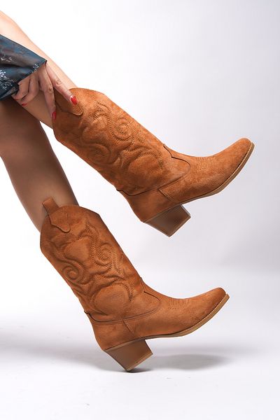 Riccon Beicilia Women's Western Embroidered Boots - Tan Suede 001288