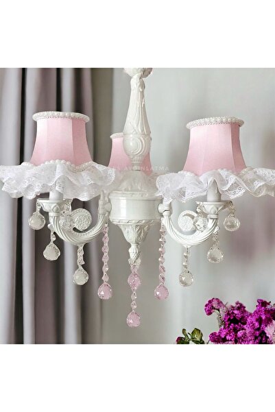 ES AYDINLATMA MİRA 3 Kollu,Kristal Taşlı,Beyaz-Pembe Bebek Odası Avizesi