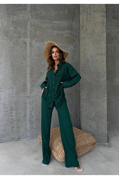 Neba Boutique Seersucker Fabric Shirt Trousers Women's Set - Green