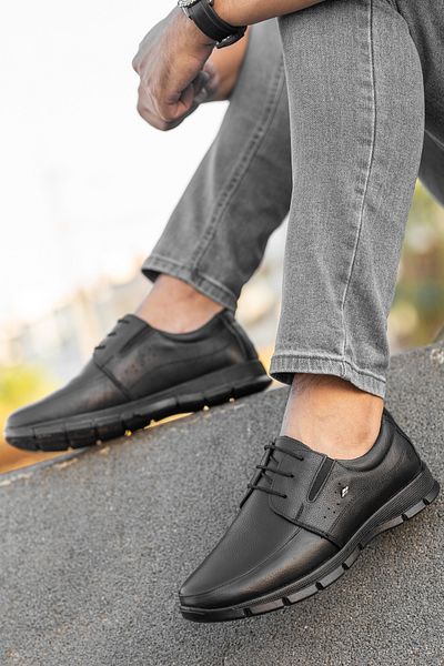 Waresta W-985 Black Orthopedic Daily Dad Shoes Genuine Leather Men's Shoes