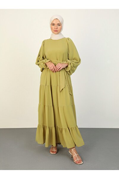 Refka Oil Green Belted Chiffon Hijab Dress - Refka