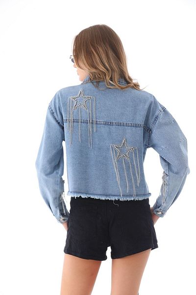 ESB Design Jachetă de denim scurtă sezonieră cu nasturi, cu buzunare cu lanț de piatră albastră A36-082