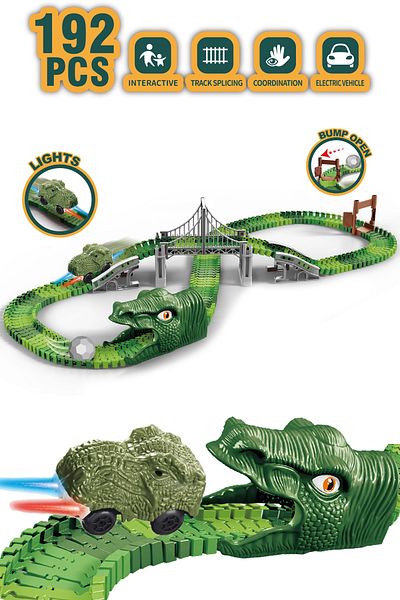 Kayyum Oyuncak Arcnxx Tracks 192 Pieces - Dinosaur Themed Movable Rails and Vehicle Bridge Sn Set